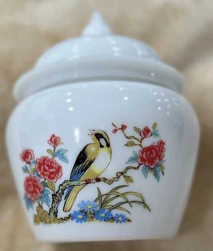 AVON Ginger Jar with Lid Milk Glass Bird Flowers Storage 6" Tall Vintage EUC