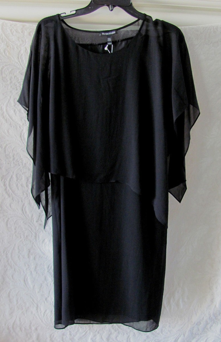 eileen fisher ballet neck silk dress Eileen Fisher Dress Black Silk Shift Tulip sleeves Ballet Neck S/P NWT $378