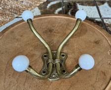 Vintage Set Of Ornate Brass Four Hooks With Ceramic Knobs Towel Hangers 6"H