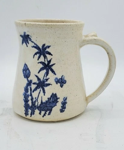 Studio Art Pottery Mug with Blue Floral Glazed Hand Painted Stoneware