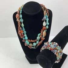 Multi Strand Turquoise Golden Agate Gold Stone Sterling Silver Necklace Bracelet