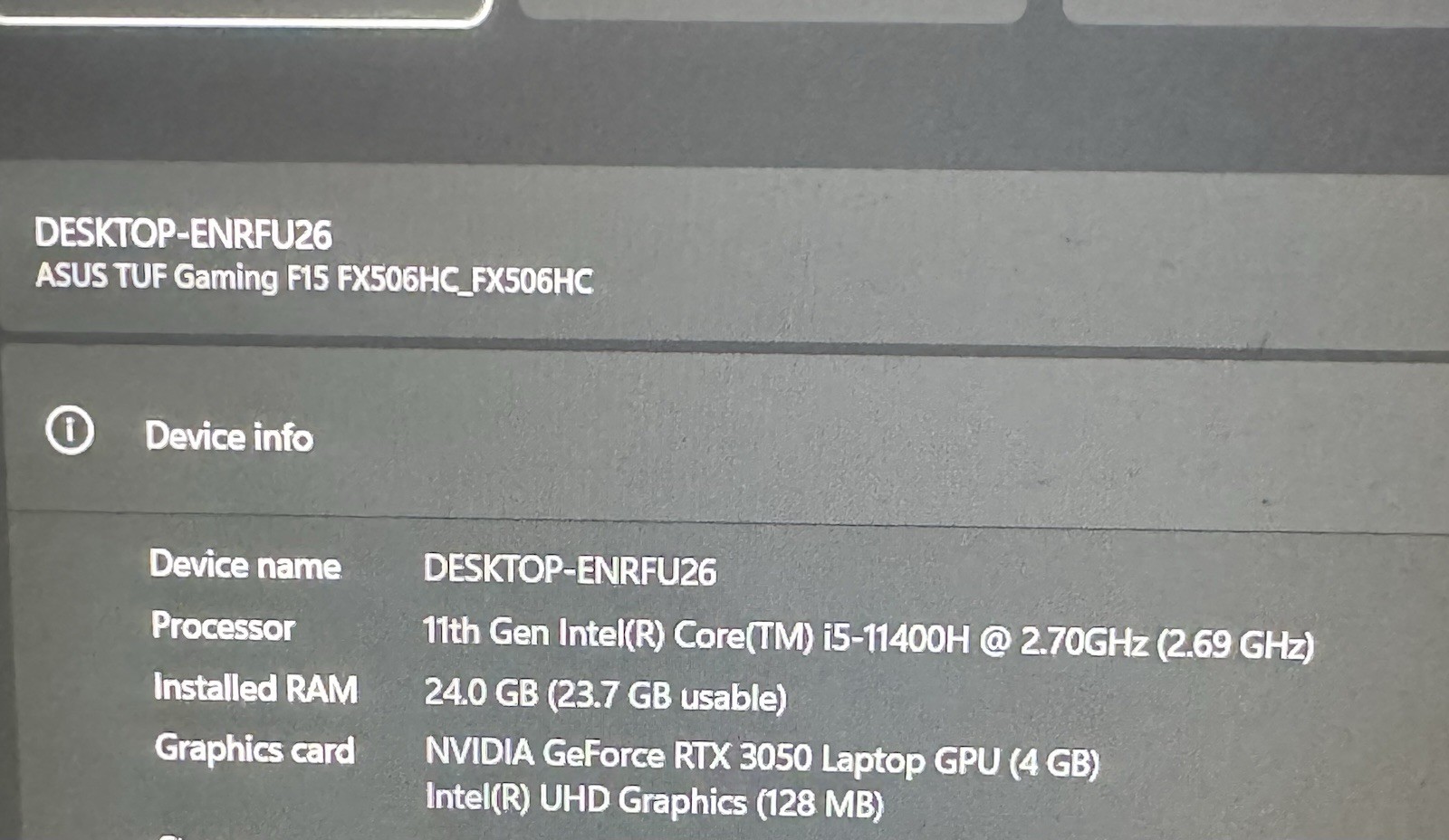 ASUS TUF Gaming F15 FX506HC 15.6in i5-11400H 24GB RAM RTX 3050 Black