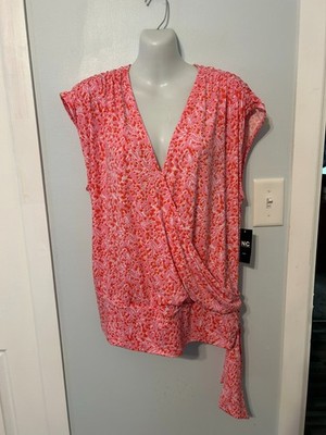 NWT I.N.C. Gia Geo-Pink V-Neck Wrap Sleeveless Top with Banded Bottom    Plus 1X