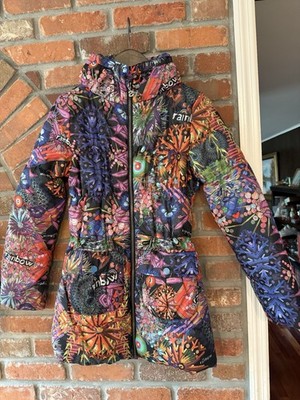 Desigual Kids Girls Jacket Coat Size 13/14 Hooded Multicolor Puffer Rainbow