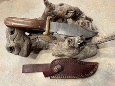 Large Damascus Bowie knife w Rosewood handle brass hilt leather sheath