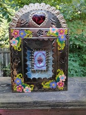 Catholic Sacred Heart nicho shrine, rustic metal folk art, beautiful!