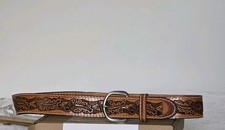Fort Worth Leather 5120 Hand Tooled Acorns  Leaves Leather Belt, Size 30 Brown