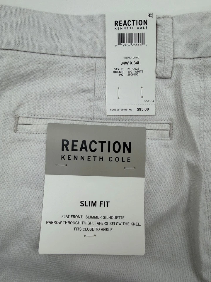 $95 NUEVO KENNETH COLE REACTION Hombres 34x34 Blanco Sólido Calce Ajustado Pantalones de Lino Foto 2 de 4