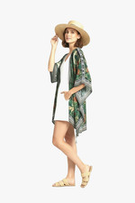 Nine West Open Front Kimono Swim Cover-Up O/S Black Floral Bird Layer Resort