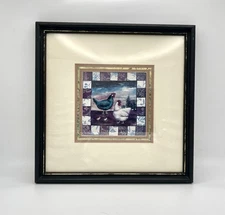 VTG Framed Country Folk Art Chicken Hen Print Cottage Farmhouse Quilt Style