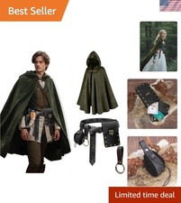 Medieval Hooded Cloak Cape, Renaissance Costume Set with Belt Pouch, Velvet H...