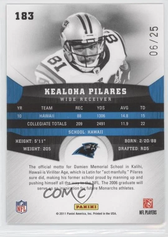 2011 Panini Gridiron Gear Platinum X's /25 Kealoha Pilares #183 Rookie RC - Image 2 of 2