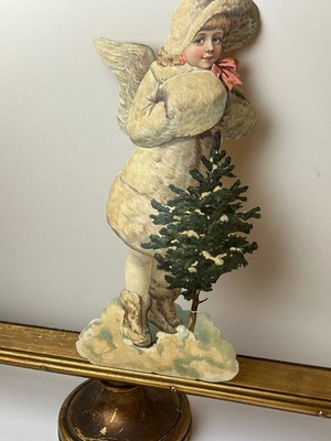 alte oblaten glanzbilder vor 1960 Engel mit Tannenbaum 33 x 18 cm um 19JH