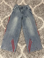 SHEIN Women s Baggy Wide Leg Denim Jeans Size 31 Blue Red stripes