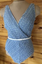 Vintage Jantzen Blue White Crinkle Check One Piece Bathing Suit 34