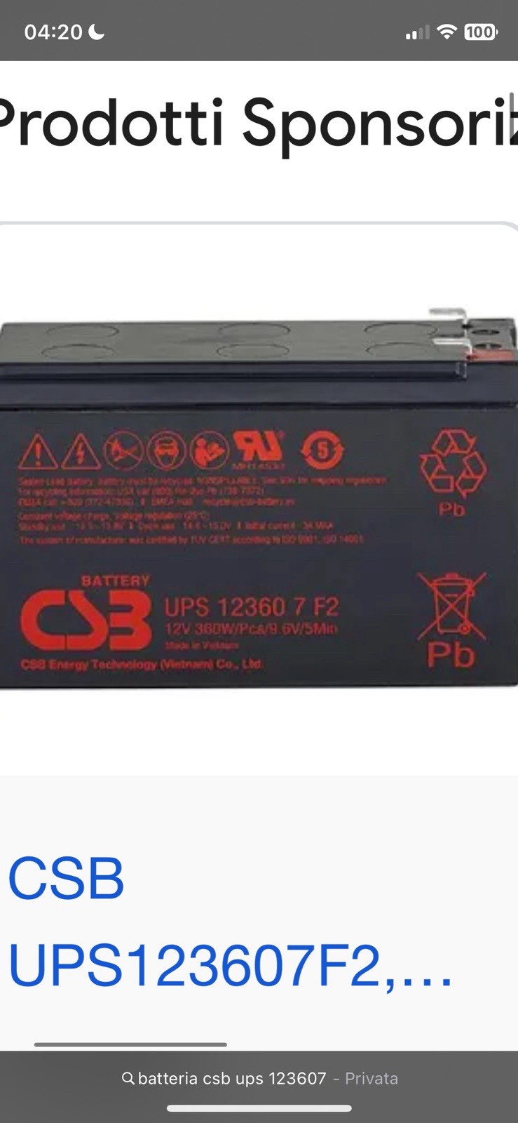 CSB UPS 12360 7 F2 Batteria Piombo Acido Sigillata 12V 360W Connettori F2