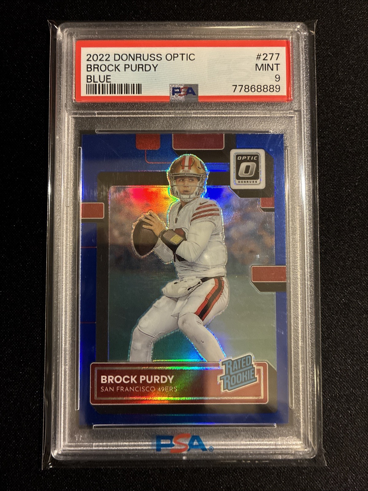 Brock Purdy 2022 Donruss Optic Rated Rookie no. 277 BLUE Prizm /179 PSA 9 MINT