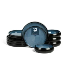 Lagoon 12-Piece Dinnerware Set Stoneware, Plates and Bowls set, Microwave and...