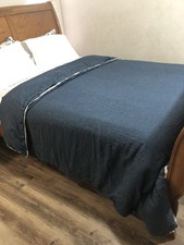 Pottery Barn Belgian Flax Linen F/Queen Duvet Cover Blue White Trim 92x88 EUC