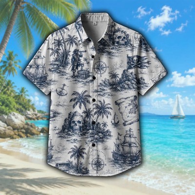 Pirate Hawaiian Shirt, Skull Island Tropical Button Down Shirt