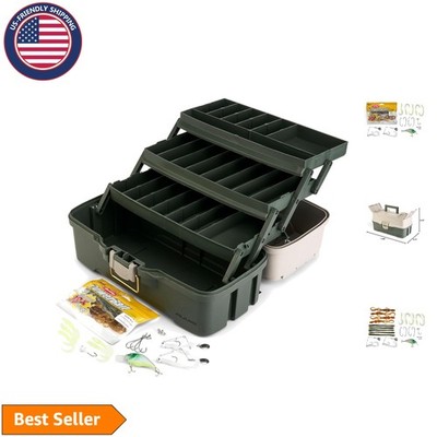 Three-Tray Portable Tackle Box Kit with Brass Latch - Tan/Green Fishing Essen...