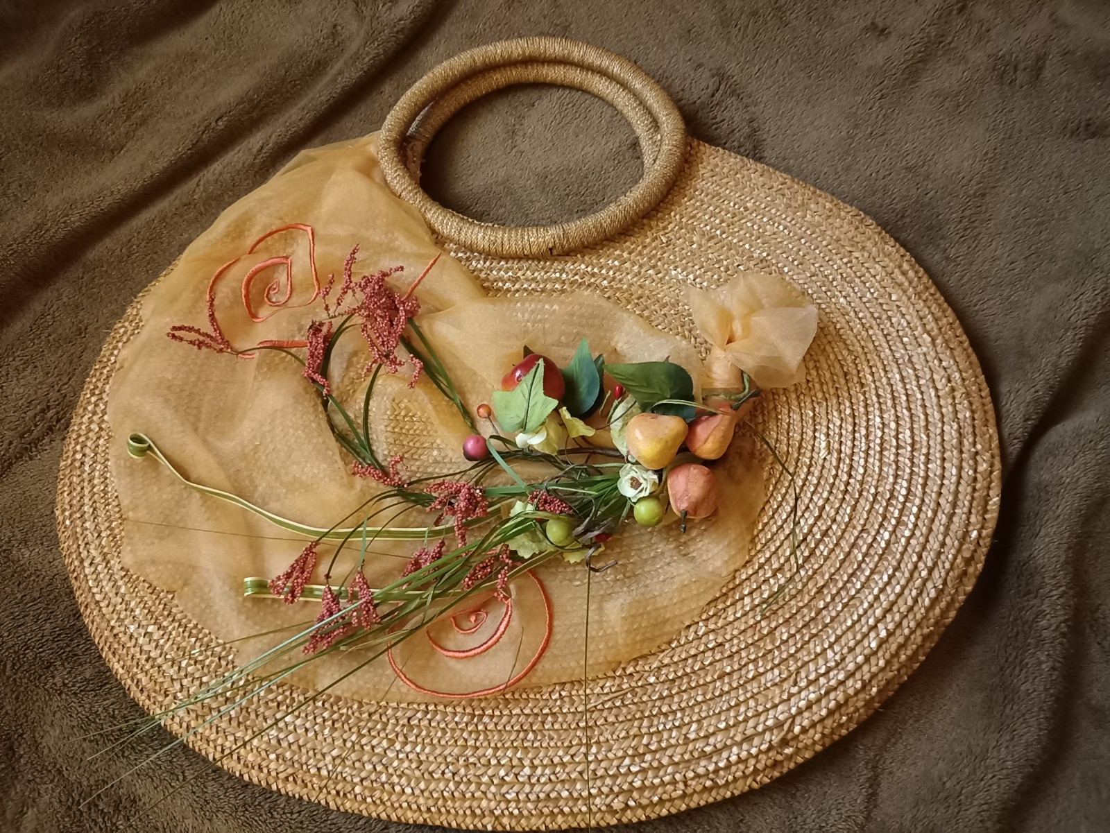 SAOLA Borsa in paglia fatta a mano con fiori e frutta applicati