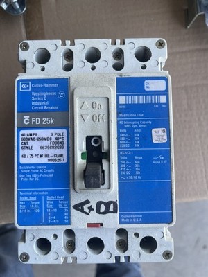 Eaton FD3040 3 Pole 40A 600V Circuit Breaker Used