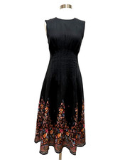 ELIE TAHARI SLEEVELESS FIT FLARE BLACK PRINT LINEN BLEND MIDI DRESS SIZE S $395