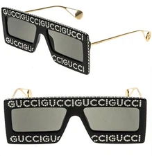 GUCCI Gg0431s 0431 Black Gold Hollywood Forever Crystal Stud Mask Sunglasses 002