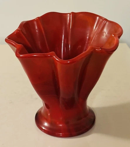 Fenton Mandarin Red 1930’s Glass Handkerchief Vase 6”H 6”D