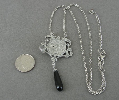 Black Onyx Bow Dangle Cubic Zirconia Accent Sterling 925 Silver Necklace Chain - Picture 4 of 4