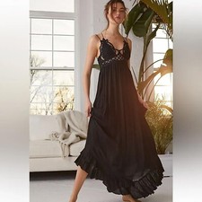 Free People XS Adella Crochet Lace Maxi Slip Dress Black Back Gauze Lined B23
