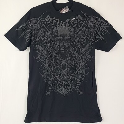 $50 AFFLICTION Tortured Short Sleeve Reflective Y2K MMA Elite T-shirt Black Sz L