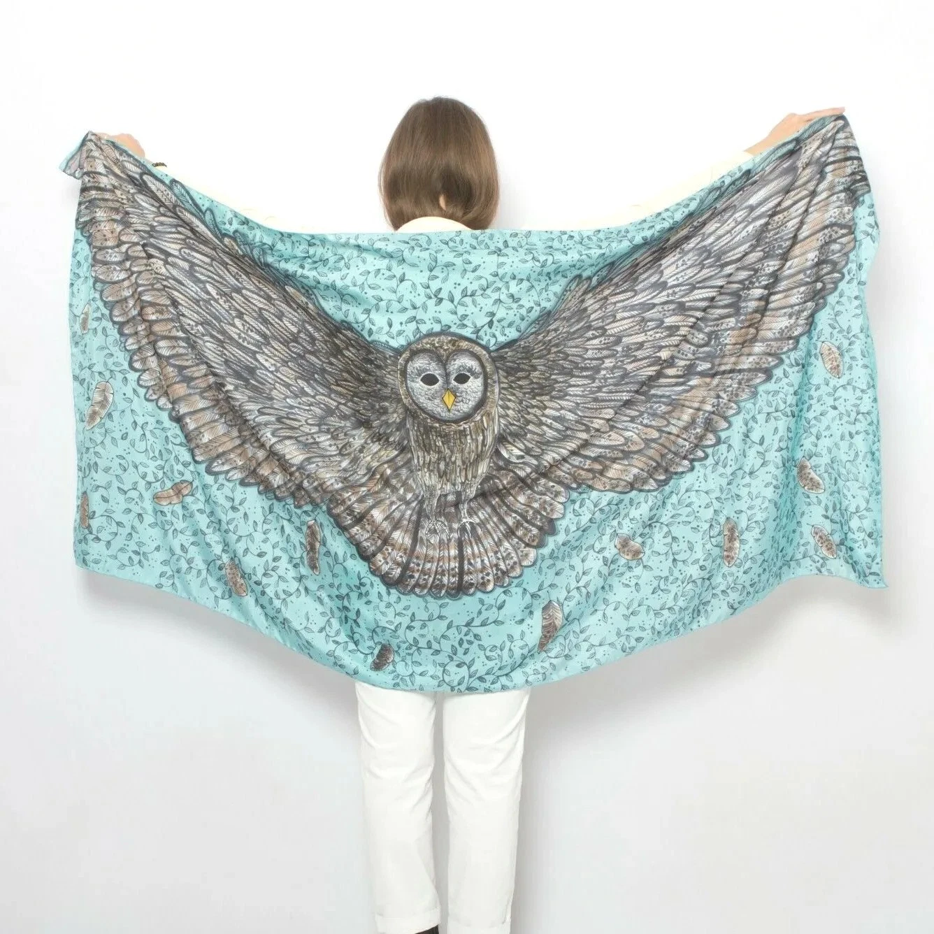 Exclusive Hand Painted Silk Scarf Owl Wings Silk Shawl Silk Sarong Wedding Gift