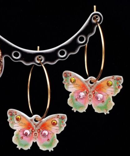 Michal Negrin Butterfly Hoop Earrings Swarovski Crystals Gold Plated Retro Boho - Picture 1 of 3