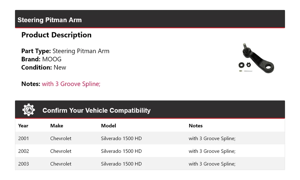 Brazo Pitman de dirección para Chevrolet Silverado 1500 HD 2001-2003 MOOG 2001 2002 Foto 2 de 4