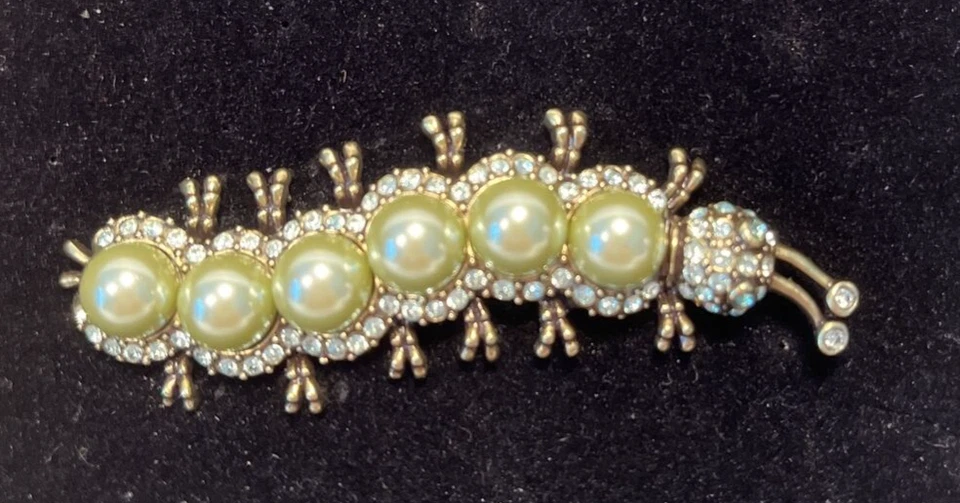 Broche Oruga Heidi Daus Pistacho Perlas Cristales Verdes Tono Bronce NUEVO Foto 3 de 4