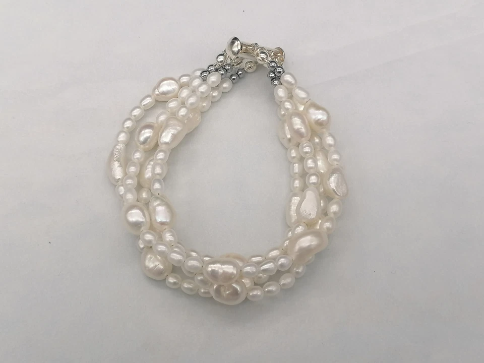 bracciale donna bianco vere perle naturali argento 925 modello a più fili - Immagine 3 di 4