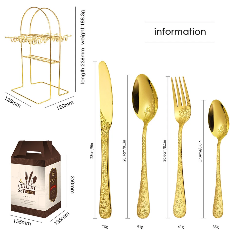 24 Tlg.Gold Besteckset Edelstahl Besteck mit Messer Gabel Löffel für 6 Personen - Bild 3 von 4