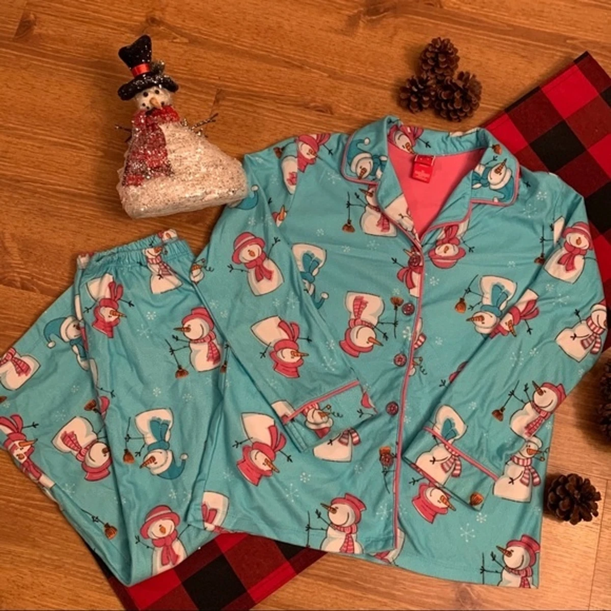 Girls Lightweight Fleece Blue Pink White Snowman Pajamas Size Medium