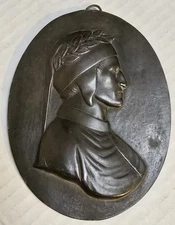 ART DECO PORTRAIT BAS-REIEF DANTE ALIGHIERI BRONZED METAL PLAQUE MEDALLION