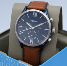 Fossil Fenmore Chrono Silver Blue Brown Leather BQ2402 Men's Watch