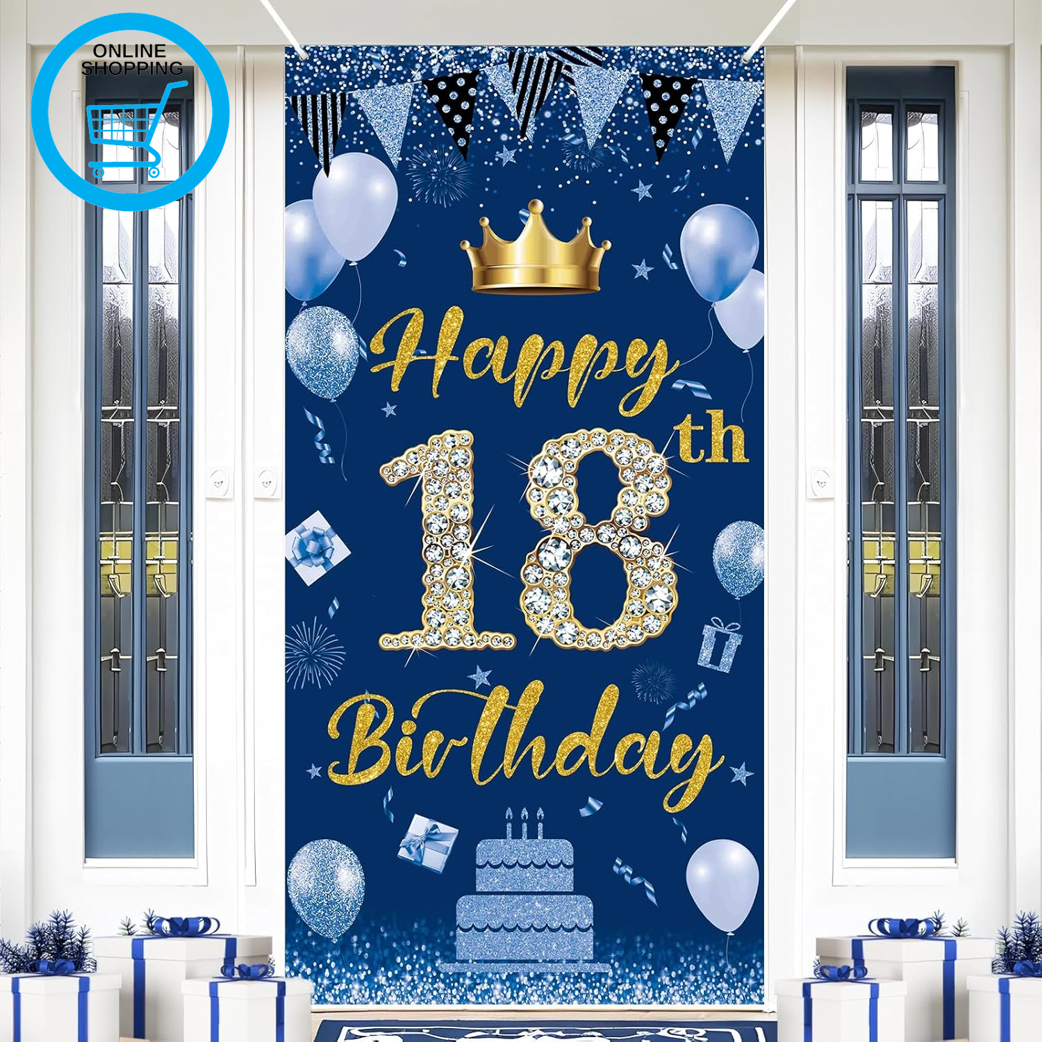 Happy 18Th Birthday Door Banner,Navy Blue 18Th Birthday Backdrop Banner for Girl