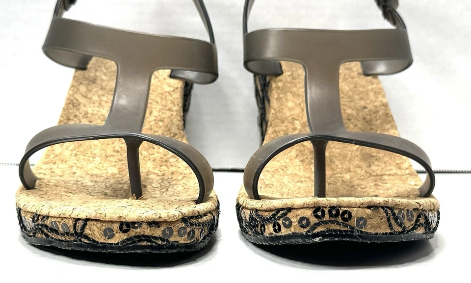 Sandálias femininas Nina vintage com miçangas de cortiça salto cunha alça gelatina tamanho 11 EUA - Imagem 4 de 4