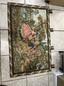 Antique  Tapestry Wall Hanging Colonial Scene Garden Party 48” X 30”