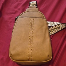Tan Crescent Crossbody Sling Bag Patterned Strap Stitching Zipper Bohemian