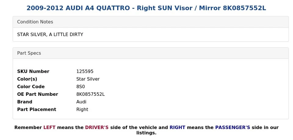 2009-2012 AUDI A4 QUATTRO - Right SUN Visor / Mirror 8K0857552L - Image 4 of 4