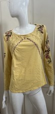 Top SUNDANCE Amarillo/Borgoña Bordado Algodón Slub Tejido Crochet Manga Larga M