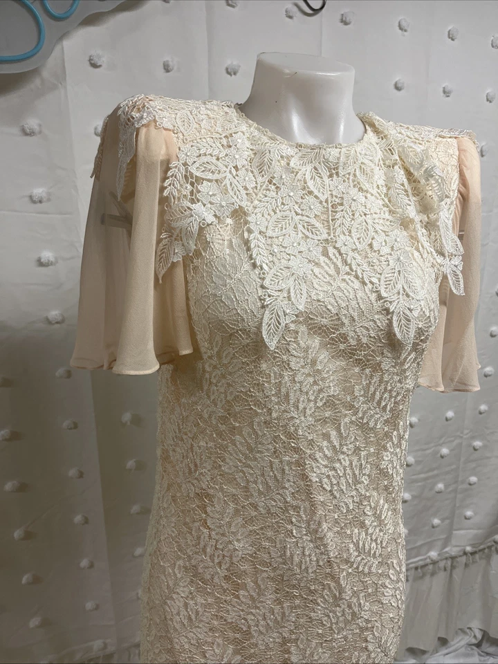 Vintage 80s Jessica McClintock Peach Satin Lace Dress Victorian Flapper Size 6 - Image 2 of 4