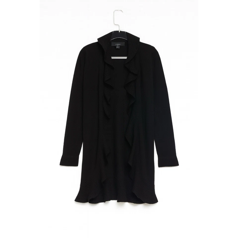 Suéter Bloomingdale’s Para Mujer L Negro Cárdigan Largo Volantes Lana Mezcla Cachemira Foto 2 de 4